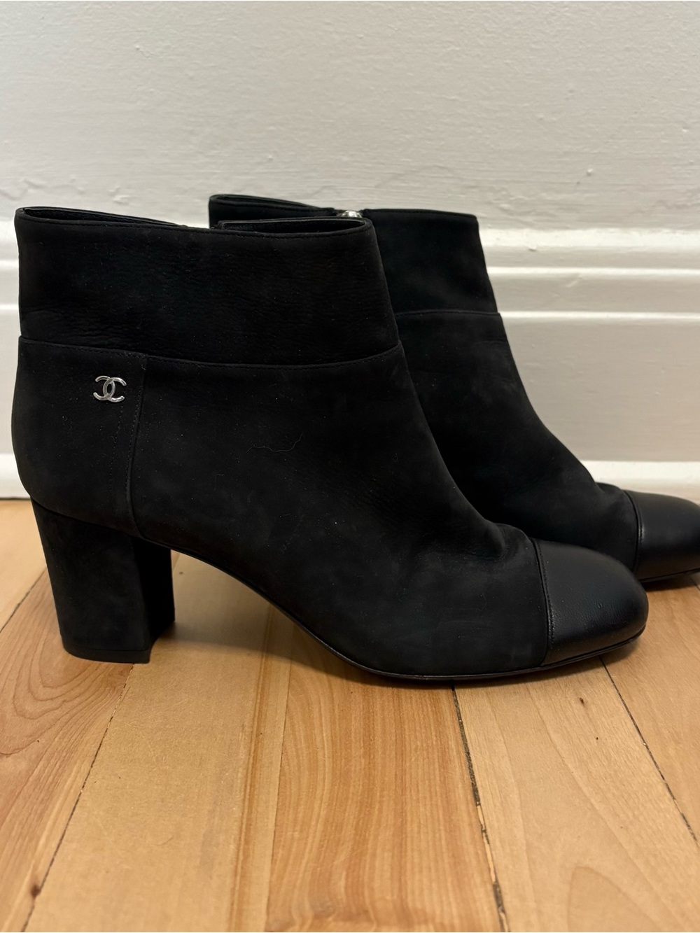 CHANEL Black Suede and Leather Cap-Toe Ankle Booties